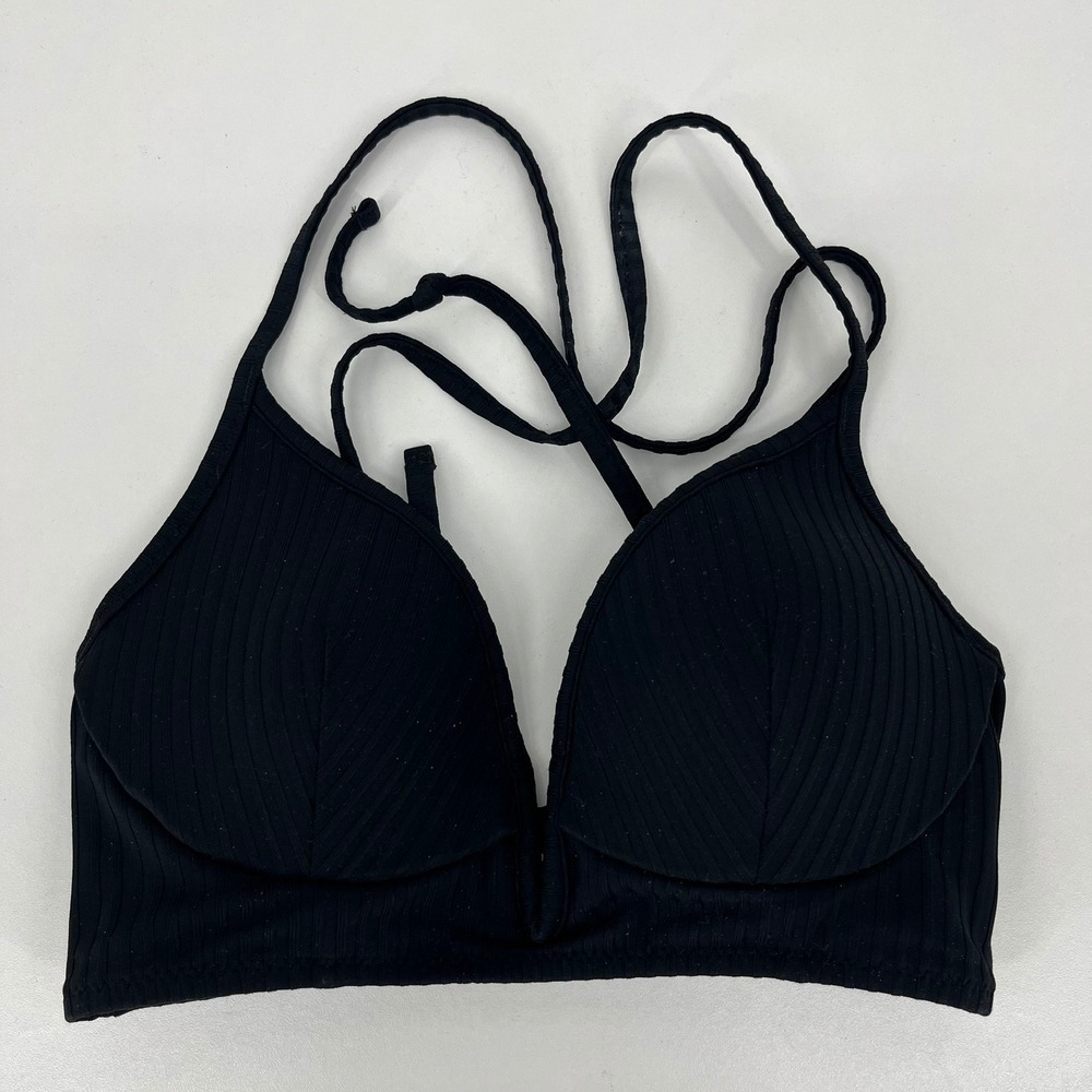 Shade & Shore Womens Black Ribbed Push Up Bikini Top 32B Adjustable Straps